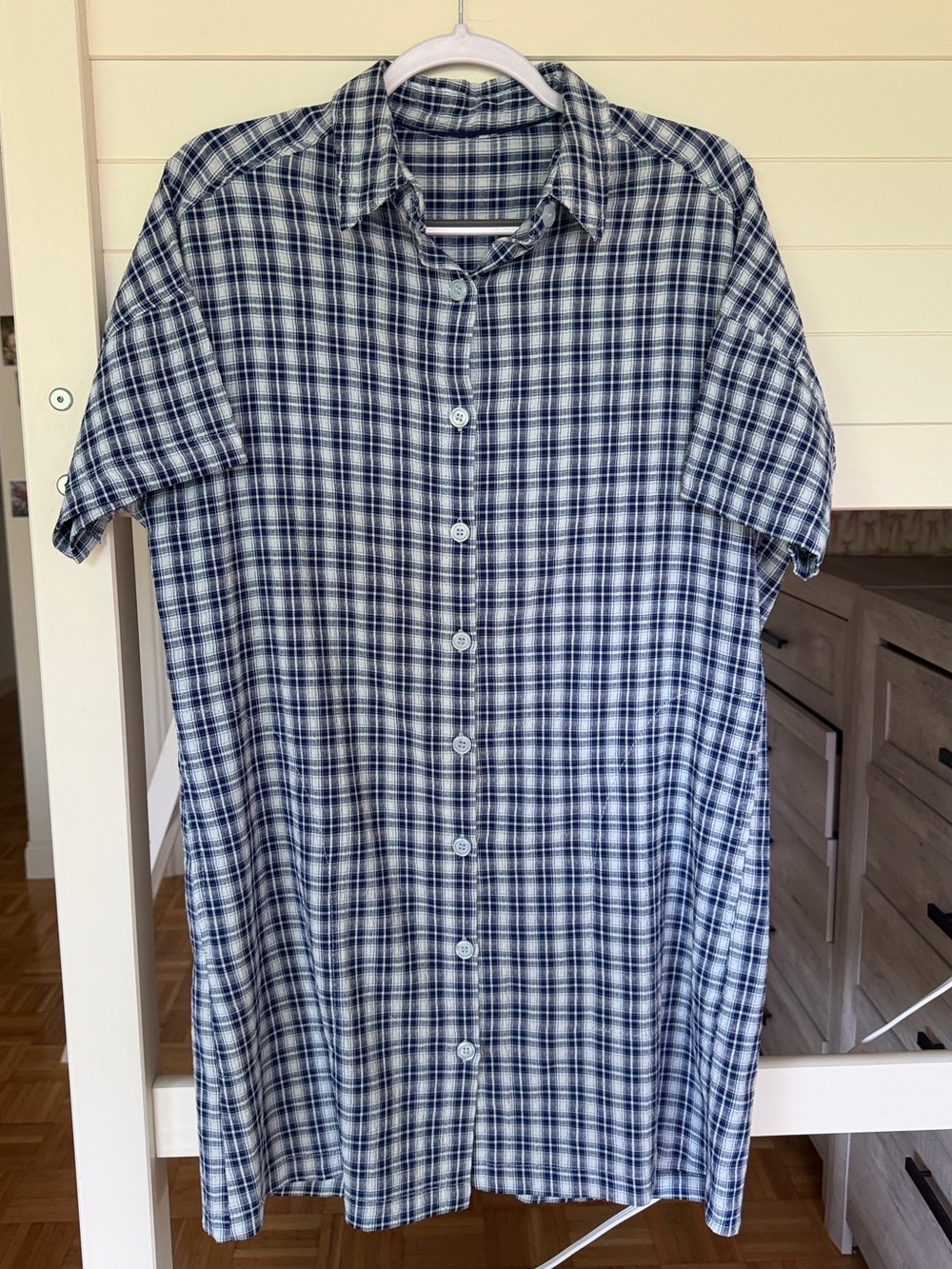 Blue and White Plaid Button-Up Shirt Dress